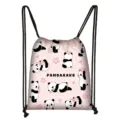 Close-up detail of cartoon panda and cherry blossom pattern on pink drawstring bag - Pandarake Cherry Blossom (07)