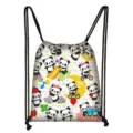 Detailed view of cartoon panda printed polyester drawstring bag for students travel storage - Activity Panda (05)