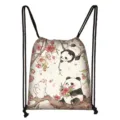 Cute cartoon panda and cherry blossom floral print drawstring backpack for students and travel - Cream Panda Rabbit (08)