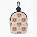 Portable pink storage bag with highland cow floral print and black carabiner hook - Oval Pink Base Highland Cow Rose (02)