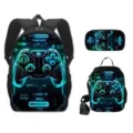 Detailweergave van de 3-delige gaming rugzakset met neon controller print ontwerp - Gamepad Patroon Stijl 1 (01)