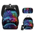3-delige schooltassenset met neon game-controller print, inclusief rugzak en lunchtas. - Gamepad Patroon Stijl 3 (03)