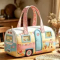 Detail van een reistas in de vorm van een caravan met pastelkleuren en bloemenhengel - Macaron Camper (Groot)