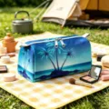 Large capacity tropical palm tree print makeup bag displayed on a picnic mat outdoors - Large (25.5*13*13cm) / Sea Blue Tropical Landscape (01)