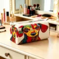 Close-up detail of a large portable cosmetic storage bag with colorful dachshund pattern - Style 07