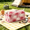 Large capacity pink velvet makeup bag with tropical palm tree print for travel organization - Large (25.5*13*13cm) / Pink Tropical Vibe (04)