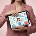 Mathematics teacher themed blue checkered toiletry bag with cute cartoon illustration - Math Teacher Theme (05) / 23x8.5x16.5cm