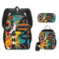 Gedetailleerd overzicht van de 16 inch monster graffiti schooltas en lunchtas set - 3-Delige Set (Rugzak + Lunchtas + Etui) / Nr. 09 Helder Gekarteld Monster