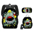 3-delige schooltassenset monster graffiti haai met rugzak lunchtas en bijpassende etui - 3-Delige Set (Rugzak + Lunchtas + Etui) / Nr. 08 Zwarte Inktspat Haai