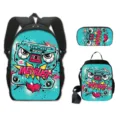 3-delige schoolrugzakset met monster graffiti print inclusief etui en koeltas voor lunch - 3-Delige Set (Rugzak + Lunchtas + Etui) / Nr. 07 Meerblauw Radio Monster