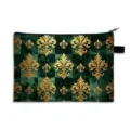 Elegante Kosmetiktasche im Barockstil mit goldenem Fleur-de-lis-Druck auf Dunkelgrün - Groß (Polyester Material) / Barock Lilie (01)