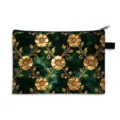 Luxuriöse Kosmetiktasche mit barockem Blumenmuster in Dunkelgrün und Gold aus Polyestergewebe - Groß (Polyester Material) / Vintage Barock Schnörkel (02)
