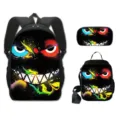 3-delige monster graffiti schoolset inclusief 16 inch rugzak, etui en lunch koeltas - 3-Delige Set (Rugzak + Lunchtas + Etui) / Nr. 06 Blauw Rood Heterochromie Monster