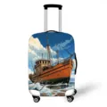 Copertura elastica per valigia premium con design di nave nautica vintage - Taglia S / 18-20 Pollici / Veliero Rosso Arancio Nautico (07)