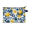 Vibrant lemon and blue floral print travel makeup bag, portable zippered organizer pouch - Polyester Model / Matte Black (01)