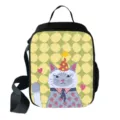 Insulated lunch bag featuring a cute cartoon party cat design with strawberries - Strawberry Grey Cat Print (01)