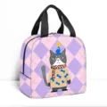 Borsa pranzo termica con simpatico gatto, manici portatili e motivo a scacchi - Stile Gatto Sciarpa Griglia Viola Rosato (04)
