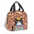 Borsa termica per il pranzo con illustrazione gatto e corona, motivo a onde moderno - Stile Gatto Corona Righe Zebra (02)