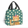 Borsa termica per il pranzo con simpatico gatto a pois mignons e manici neri portatili - Stile Gatto Blu Ciano (01)