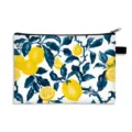 Travel cosmetic pouch featuring a vibrant yellow lemon and navy blue leaf print pattern - Polyester Model / Black and Red (02)