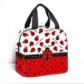 Borsa termica portatile per il pranzo con simpatica stampa di coccinelle e pois - Stile Coccinella con Bordo in Pizzo (01) / Rosso Bianco Nero Coccinella Pois