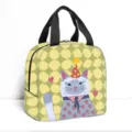 Borsa termica portatile per il pranzo con simpatica illustrazione di gatto e fragole - Stile Gatto Fragola Griglia Verde Giallastro (03)