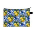 Mediterranean lemon and floral print makeup bag with zipper for travel and storage - Polyester Model / Green and Blue Embroidery (03)