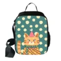 Cute cartoon cat printed insulated lunch bag with shoulder strap for school students and office - Polka Dot Orange Cat Print (03)