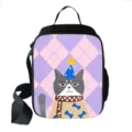 Sac à déjeuner isotherme avec motif de chat mignon et carreaux violets pour l'école - Imprimé Chat Gris Grille (05)