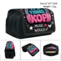 Large capacity black K-pop themed flap pencil case with dual zipper compartments for students - Style 05 (Pink Headphone)