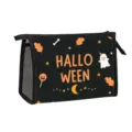 Halloween themed ghost and moon pattern toiletry bag for cosmetics and travel essentials - Black Art Word Orange Letters Style (10)