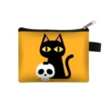 Compact Halloween coin purse featuring cartoon black cat and skull print with zipper - Orange Cat Holding Skull (04)