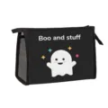 Black Halloween makeup bag featuring a cute ghost and 'Boo and stuff' text design - Black White Ghost Letters Stars Style (12)