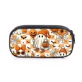 Grote Halloween-etui met schattige geest- en pompoenpatronen voor schoolspullen - Oranje Wit Geblokte Geest (33) / Enkellaags Etui / Oranje & Wit