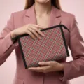 Stylish red and blue plaid portable cosmetic storage bag held by a model in a pink blazer - 1 Piece / Color 03