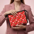 Elegante Kosmetiktasche mit Erdbeermuster, gehalten von einem Model in einem Blazer - 23x8.5x16.5cm / Erdbeerdruck
