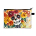 Floral sugar skull makeup bag with Day of the Dead watercolor print and zipper closure - Sugar Skull & Marigold-12