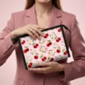Rosa Kosmetiktasche mit Kirschmuster und Reißverschluss, von Model gehalten - 23x8.5x16.5cm / Kirsch-Druck