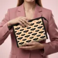 Spooky Halloween makeup bag with cute bat print and zipper held by model in pink blazer - 23*8.5*16.5cm / Beige Bat