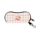 Fashionable pink plaid glasses case featuring a cherry print design and portable carabiner clip - Pink Check-Double Cherry (02)