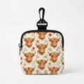 Portable coin purse with highland cow and floral pattern, featuring black carabiner - Square Beige Highland Cow Wreath (04)