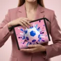 Trousse de maquillage rose élégante avec imprimé ballon de foot 3D tenue par un modèle - Style Fragment Football Bleu Blanc Visuel 3D / 23*8.5*16.5cm