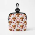 Portable square storage pouch with Highland cow floral print and sturdy carabiner clip - Square Watercolor Highland Cow Pink Floral (05)