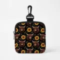 Portable mini storage pouch with Highland cow and sunflower pattern for coins and cables - Square Black Base Highland Cow Sunflower (07)