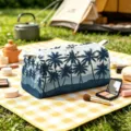 Large velvet travel cosmetic bag with palm tree print on a yellow picnic mat outdoors - Large (25.5*13*13cm) / White Base Dark Blue Palm (02)