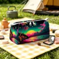 Grande borsa per trucco in velluto con stampa neon tramonto e palme tropicali - Tramonto Tropicale al Neon (07)