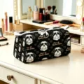 Black velvet makeup bag with cute dog prints and dual zipper closure for travel storage. - Style 04 / L