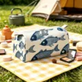 Large capacity cosmetic bag with blue fish print for travel and outdoor makeup storage. - Light Beige Fish Print (09)