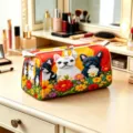 Large velvet makeup bag with cute French Bulldog and floral print for travel use - Style 08