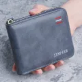 Retro blue men's short wallet featuring multi-card slots and a durable zipper closure - Blue